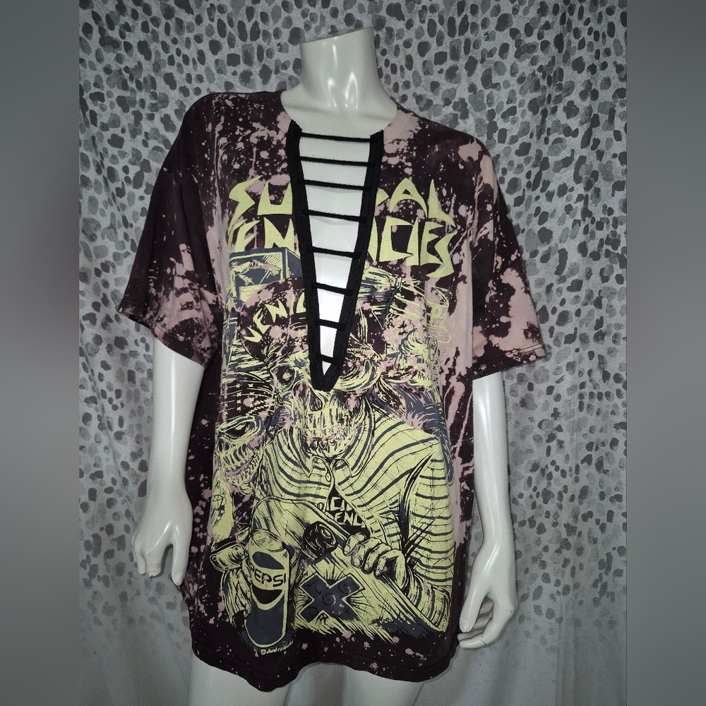 Custom Distressed Band Graphic Tee With Deep Vee